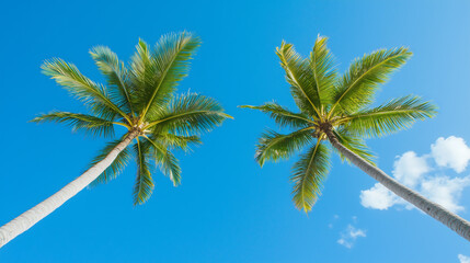 Naklejka premium Looking up at two coconut trees against a clear blue sky, tropical perspective
