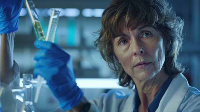 Senior female scientist conducting plant research in an eco-friendly laboratory using test tubes and glass equipment