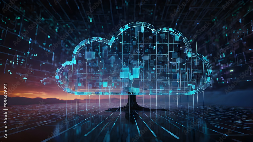 Poster cloud computing: a futuristic, abstract image of a cloud filled with complex circuits and glowing wi