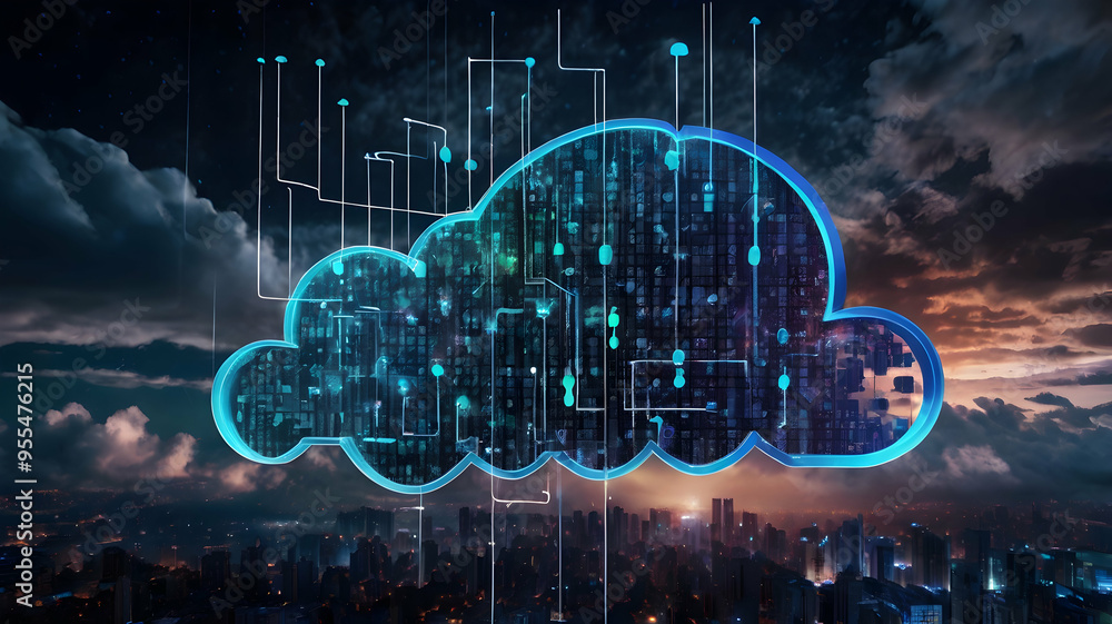 Poster cloud computing: a futuristic, abstract image of a cloud filled with complex circuits and glowing wi