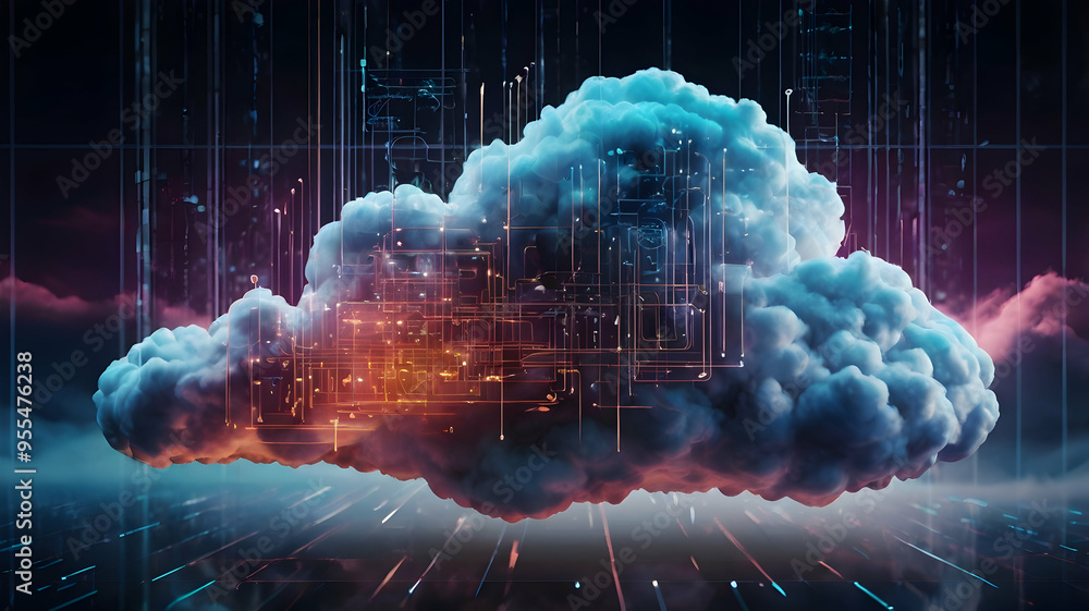 Poster cloud computing: a futuristic, abstract image of a cloud filled with complex circuits and glowing wi