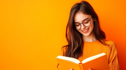 Teenage girl enjoying a book against a vibrant orange background in a cozy setting