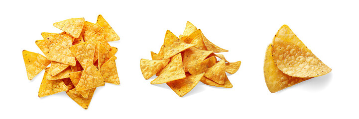 Pile of Golden Tortilla Chips on a Transparent Background.