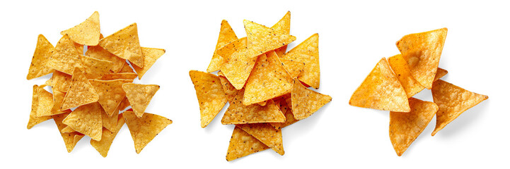 Pile of Golden Tortilla Chips on a Transparent Background.