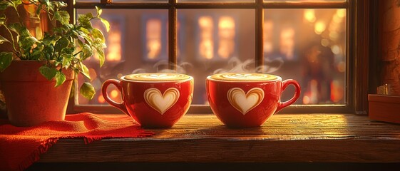 Two steaming cups of coffee with heartshaped latte art on a windowsill warm light from outside intimate cozy feeling