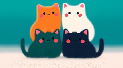 Fototapeta premium A bright-colored cartoon cat wallpaper featuring an arrangement of several cute cats in an isolated color background illustration.