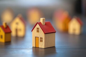 Small wooden model house with a red roof centered on a gray surface with other blurred houses in the background.