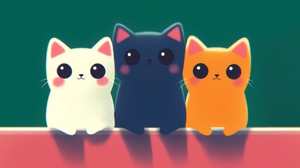 Fototapeta premium A bright-colored cartoon cat wallpaper featuring an arrangement of several cute cats in an isolated color background illustration.
