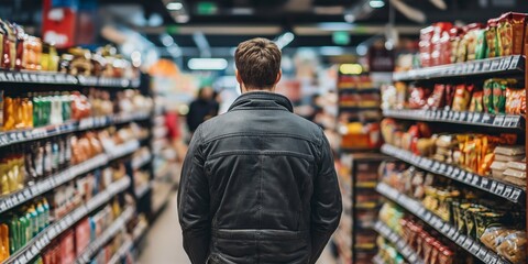 Back view of a man shopping in a brightly lit grocery store, aisles filled with a variety of packaged foods and snacks.