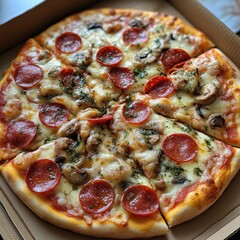 Pepperoni and Mushroom Pizza in a Cardboard Box