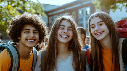 Fototapeta premium Three smiling teenagers with backpacks outdoors at a school during the afternoon sunshine