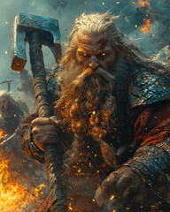fierce dwarf male warrior with burning eyes and braided beard charging into battle wielding a massive hammer in a fiery battlefield