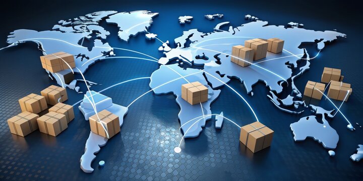 Global Shipping Network 3D World Map with Cardboard Boxes, 3D, Logistics, Delivery, Worldwide