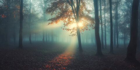 Autumn foggy forest scene with rising sun beaming through the morning fog. Wide angle, moody.