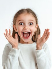 Young girl with open mouth and hands raised in surprise