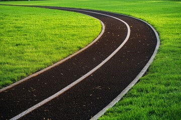 Black Running Track with White Lines Curved Around Green Grass