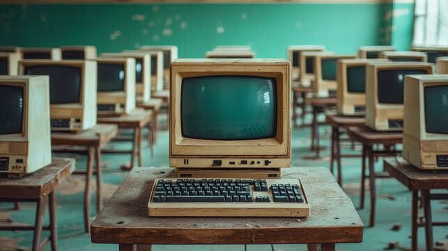 Vintage Computer in an Abandoned Classroom, Row of Old Computers, Retro Technology, Dusty Keyboard, Old School, Abandoned Classroom, Computer