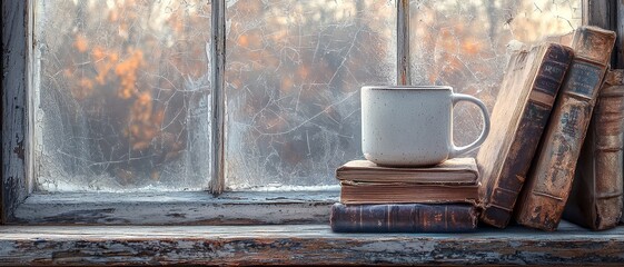 A Cup of Tranquility A CloseUp of a Worn Windowsill with a Mug and Books Capturing the Essence of a Quiet Moment