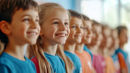 Fototapeta premium Group of smiling children in colorful shirts participating in a joyful activity indoors
