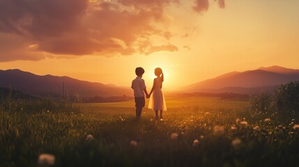 Fototapeta premium Two children holding hands at sunset in a field, surrounded by mountains and blossoming flowers during golden hour