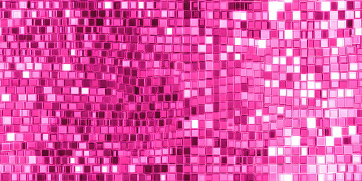 Seamless hot pink trendy glittery disco ball mirror glass mosaic tiles barbiecore aesthetic fashion backdrop or wallpaper pattern. Girly fun feminine colorful abstract background texture 3D rendering.