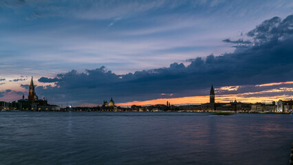 Basilica Santa Maria della Salute, San Giorgio Maggiore Island and San Marco square day to night timelapse, Venice, Italy