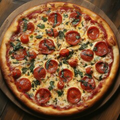 Pepperoni Pizza with Basil and Cherry Tomatoes on Wooden Board