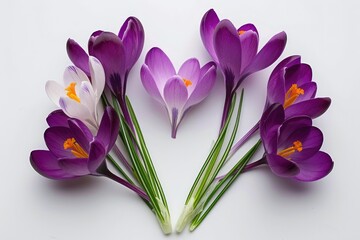 Purple and White Crocus Flowers Arranged in Heart Shape on White Background