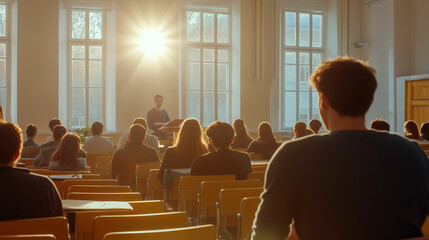 Students listening attentively to a lecturer during a morning class with sunlight streaming in