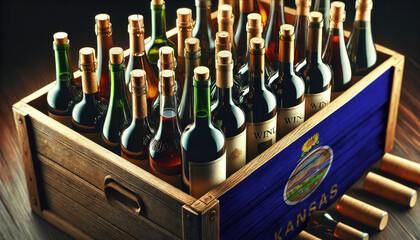 A wooden crate filled with assorted wine bottles, adorned with the Kansas flag, symbolizing the rich tradition and diversity of wine industry.