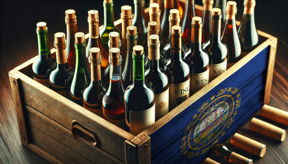 A wooden crate filled with assorted wine bottles, adorned with the New Hampshire flag, symbolizing the rich tradition and diversity of wine industry.