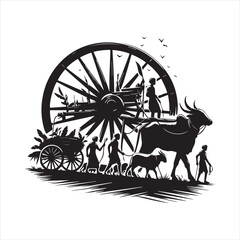 Fototapeta premium bullock cart wheel silhouette vector With White Background 