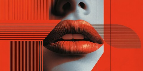 Minimalist neo-brutalism poster featuring stylized female lips with sharp lines and bold textures