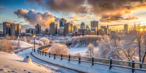 Golden Hour Skyline in Winter Wonderland, Calgary , Alberta , Canada , winter