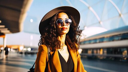 African American female traveler walking with suitcase at modern transport stop outdoors - Powered by Adobe