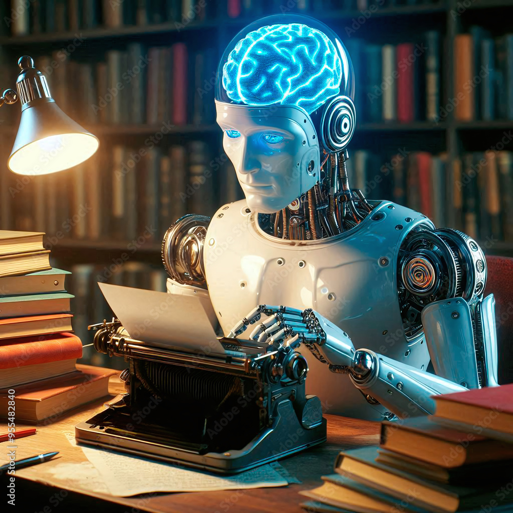 Poster a humanoid robot working on a printing press in a library. the concept of artificial intelligence. 3