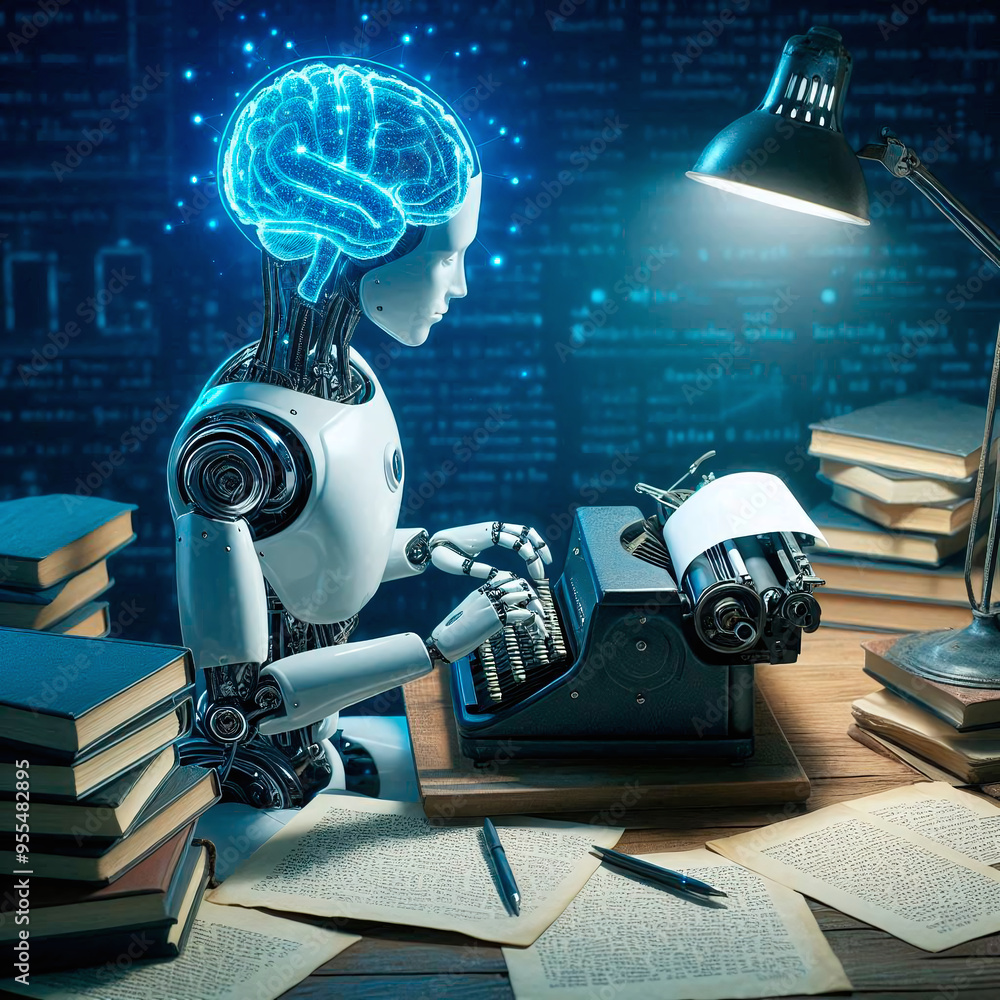 Poster an artificial intelligence robot sitting on a desk and reading a book. artificial intelligence conce