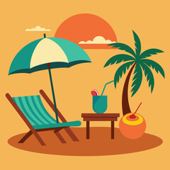 Sunset in sea beach tropical place scene color vector illustration