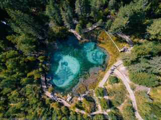 Landscape Altai melancholic mood, blue geyser lake, mountains Altay Russia Aerial drone view.