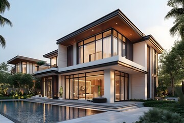 Fototapeta premium Sleek and Sophisticated Modern Two-Story House with Khmer Art Inspired Design