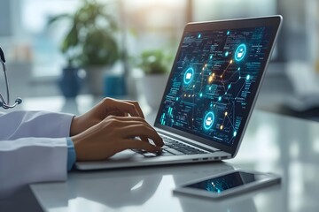Health Insurance and Telemedicine Concept with Doctor Using Laptop and Healthcare Icons