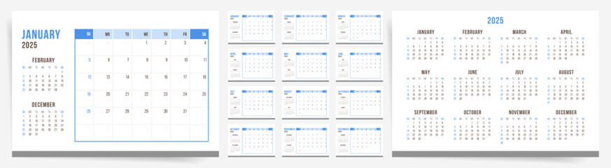 2025 Calendar. Blue and White Monthly Layout with Compact Overview and Week Starting Sunday.