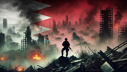 Fototapeta premium A lone soldier surveys a city in ruins, with the Bahrain flag faintly overlaying the scene, representing the courage and determination of forces in times of war.