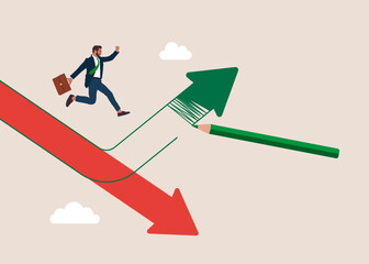 Human jump from red pointing down arrow to green rising up. Recovering from the economic crisis. Modern flat vector illustration