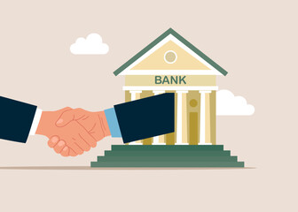 Business people shaking hand after business deal with bank. Flat vector illustration