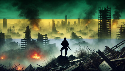 A lone soldier surveys a city in ruins, with the Gabon flag faintly overlaying the scene, representing the courage and determination of forces in times of war.