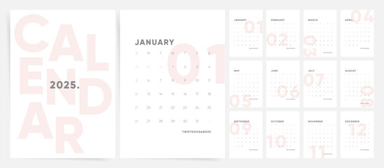 Plain Calendar 2025, Calendar 2025 Sunday Start Minimal Design Template.