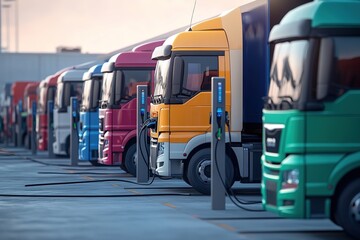 Row of colorful trucks at charging station with clear sky