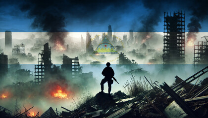 Fototapeta premium A lone soldier surveys a city in ruins, with the Nicaragua flag faintly overlaying the scene, representing the courage and determination of forces in times of war.