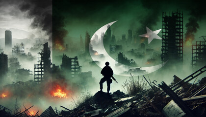 A lone soldier surveys a city in ruins, with the Pakistan flag faintly overlaying the scene, representing the courage and determination of forces in times of war.